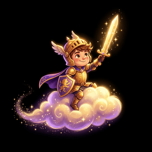 Tiny golden knight on a cloud